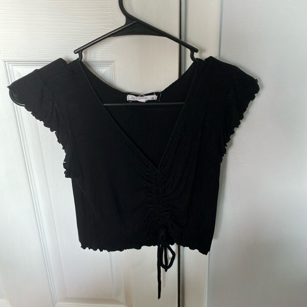 ANTISTAR Black Ruched V-Neck Short Sleeve Top XS